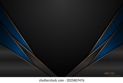 Abstract gray and dark blue polygon with golden lines on black background with free space for design.
