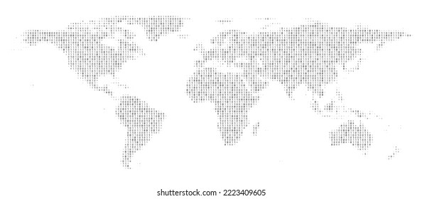 Abstract gray digital binary code world map isolated on white background. Technology, coding, or big data concept. Vector illustration