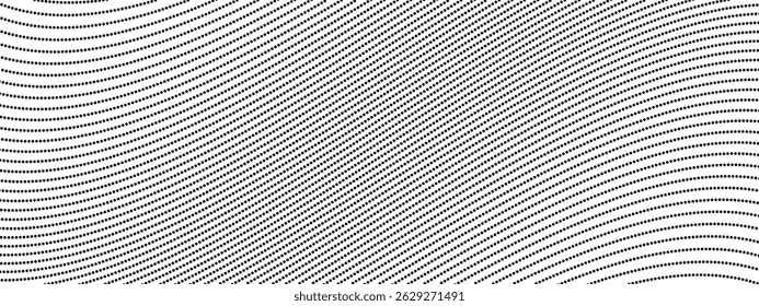 Abstract gray dot background of curving wavy lines. Deformed horizontal gray stripes. Dynamic composition of linear dot figure. Vector illustration