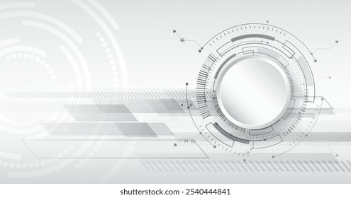 Abstract gray futuristic background consisting of printed circuit board circles and other technological elements. Digital communication, data protection, high tech presentation, science cover.