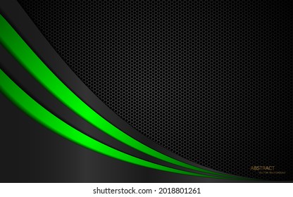 Abstract gray and green curves overlaid on dark steel mesh background with free space for design. modern technology innovation concept background