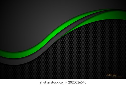 Abstract gray and green curves overlaid on dark steel mesh background with free space for design. modern technology innovation concept background