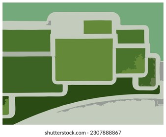 mapa gris y verde abstracto que indica un edificio con rectángulos definidos que simulan una calle y una vista superior de una residencia