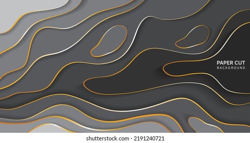 Abstract gray luxury background with golden line. Paper cut style 3d. Vector illustration. Landscape Background