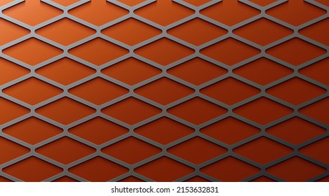 Abstract gray metal diamond mesh pattern on orange background. Modern diamond geometric mesh texture. Emboss geometric shape with shadow. Vector illustration