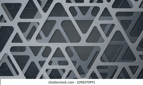 Abstract gray metallic background. Interlacing of geometric figures. Triangles with rounded corners. Shadow and glow. The effect of cut paper. Template for websites, brochures, posters.