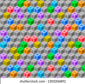 Abstract gray and multicolored 3d cubes geometric background with hearts on all faces of cubes. Vector illustration