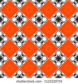 Abstract gray, orange and white seamless pattern with mesh of squares. Cute mosaic. Geometric vector template.