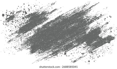 Abstractas salpicaduras de pintura gris y pinceladas crean un fondo con textura y afligido sobre blanco.