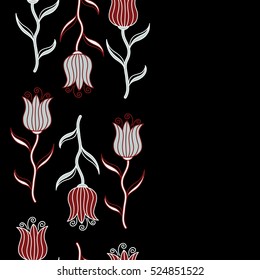 Abstract gray, red and neutral tulips vertical seamless pattern.