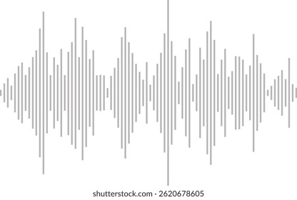 Vetor de onda de som cinza abstrato mostrando visualização de frequência de áudio. Perfeito para marcas de música, gráficos de podcast e projetos de áudio digital. Forma de onda limpa no fundo branco.
