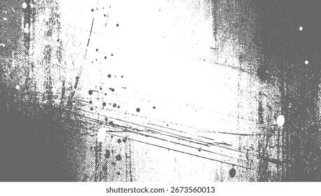 Salpicaduras grises Abstractas y rayas sobre un fondo blanco con una textura afligida.
