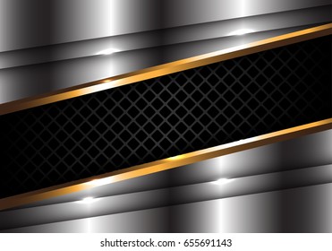 Abstract gray square mesh and gold line on metal design modern luxury background texture vector illustration.