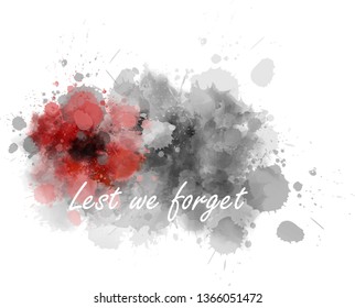 Abstract gray watercolor paint splash with red painted poppy. Lest we forget. Remembrance day or Anzac day symbol.