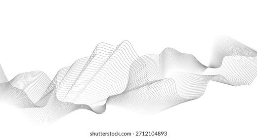 Abstractas líneas de curva dinámica de onda gris sobre fondo transparente con partículas que fluyen. Concepto de tecnología de ondas de energía digital. Diseño de fondo moderno para negocios, presentación, Anuncio.