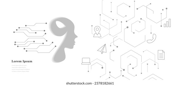 abstract gray white circuit board, geometric technology texture background, AI artificial intelligence, face profile line