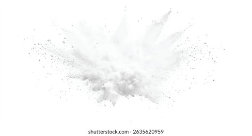 Abstrakte graue und weiße Explosion Pulver Hintergrund Textur. Weiße Pulverexplosion einzeln auf weißem Hintergrund. 