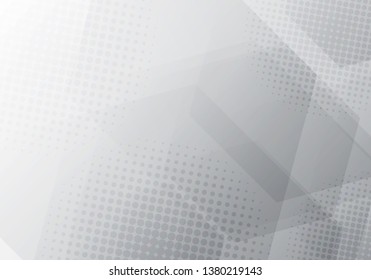 Abstract gray and white geometric hexagons overlapping background with radial halftone. Vector illustration