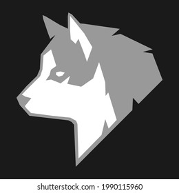 Abstract gray and white husky dog head side view portrait symbol on black backdrop. Design element