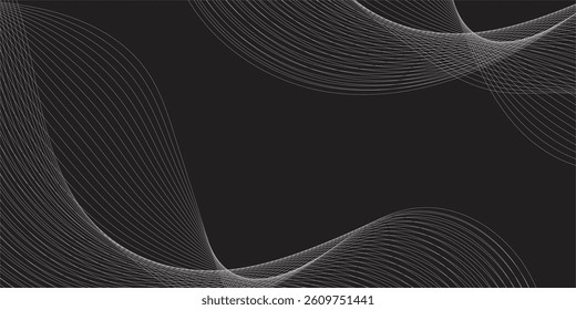 Abstract Gray and White Wave Lines in Fluid Motion with Radiant Light Flow Set Against a Deep Black Background – Ideal for Music Events, Nightlife Flyers, and High-Impact Digital Designs