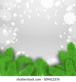Abstract gray winter background with fir branches and falling snowflakes. Stock vector.