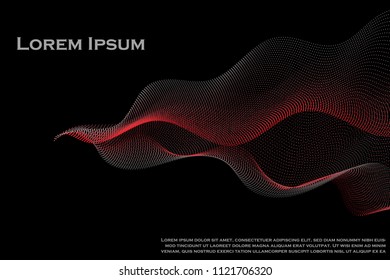 Abstract gray-red waves of dots on a black background with text