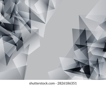 Abstract grayscale background featuring dynamic, overlapping geometric polygons, triangles, and crystal facets framing a light gray central space, creating a modern, sleek, high-tech design.
