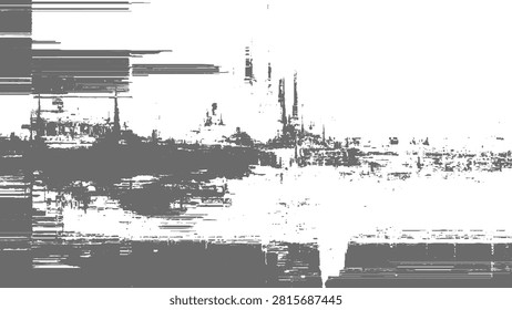 Abstract grayscale cityscape silhouette with digital glitch artifacts, horizontal pixel stretching and contrast noise texture