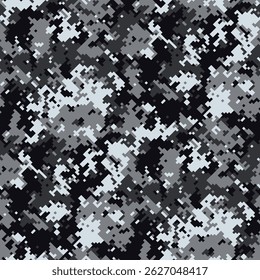 Abstract grayscale digital camouflage pattern.  Versatile design ideal for backgrounds, textiles, or militarythemed projects.