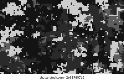 Abstraktes digitales Camouflage-Muster in Graustufen.  Ideal für Hintergründe, Texturen oder moderne Designprojekte, die eine verstohlene, verpixelte Ästhetik benötigen.