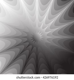 Abstract grayscale, geometric background in square format with distorted radiating shapes.