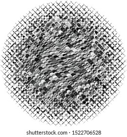 Abstract grayscale geometric circle element with overlapping shapes. Mosaic circle grid, mesh. Circular, radial abstract black and white illustration. Op-art element