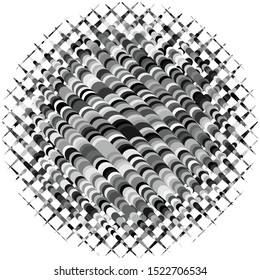 Abstract grayscale geometric circle element with overlapping shapes. Mosaic circle grid, mesh. Circular, radial abstract black and white illustration. Op-art element