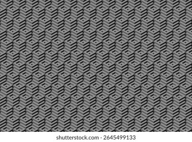 Padrão geométrico em tons de cinza abstrato.  O design intrincado e repetitivo cria um efeito quase 3D dinâmico. Perfeito para fundos, têxteis, design de site e marca moderna.