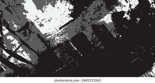 Abstract grayscale image with chaotic brushstrokes and splatters, creating a grunge texture.