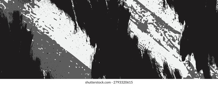 Abstract grayscale image with chaotic brushstrokes and splatters, creating a grunge texture.eps10 vector
