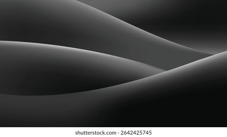 Imagem em tons de cinza abstrata apresentando formas ondulantes, ondulantes. Os tons de cinza escuro e preto criam uma atmosfera temperamental e quase sombria. Realces sutis adicionam profundidade e dimensão às curvas