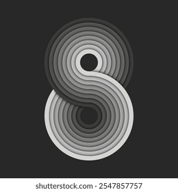 Abstract grayscale number eight logo with concentric circular lines forming an infinity loops shape, gray gradient shading, and minimal monochrome design on a dark background.