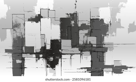 Abstract grayscale painting blends sharp geometric structures with expressive ink brushstrokes, creating a moody, architectural aesthetic. Black, white, and gray forms adds depth and intrigue