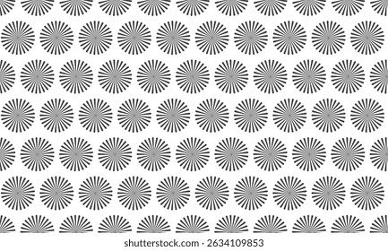 Abstract grayscale pattern featuring repeating circular sunburst motifs.  Ideal for backgrounds, website design, textiles, or any project needing a subtle yet visually engaging texture.