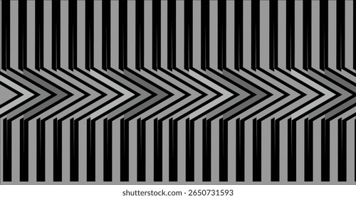 Abstract grayscale pattern featuring repeating chevron shapes layered over vertical stripes, creating an optical illusion of depth and movement.