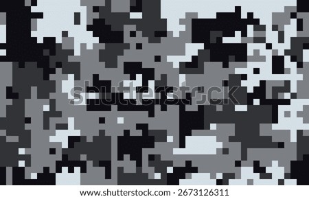 Abstract grayscale pixel art background.  Ideal for tech, modern design, or gaming projects.  The digitized camouflage pattern evokes themes of secrecy, technology, and digital disruption.