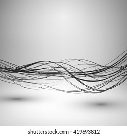 Abstract grayscale wave spin curves. Motion element with connected line and dots. Technology concept background. Wavy horizontal direction lines twisted together. Vector illustration.