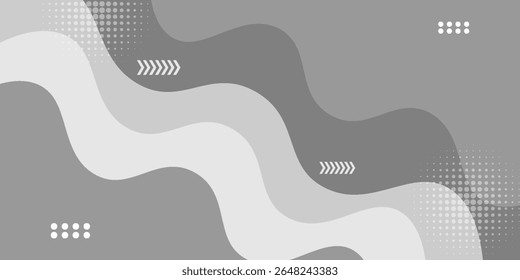 Abstract grayscale wavy background with flowing curves, halftone dot elements, and arrow accents. Modern, dynamic design ideal for presentations,