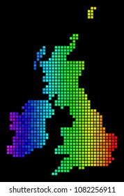 Abstract Great Britain And Ireland Map. Vector geographic plan in luminous rainbow color hues on a black background.
