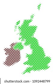 Abstract Great Britain and Ireland map. Vector halftone geographical plan. Cartographic pixelated concept. Schematic Great Britain and Ireland map is constructed of regular spheric spot matrix.