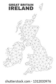 Abstract Great Britain and Ireland map isolated on a white background. Triangular mesh model in black color of Great Britain and Ireland map.