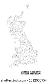Abstract Great Britain map isolated on a white background. Triangular mesh model in black color of Great Britain map. Polygonal geographic scheme designed for political illustrations.