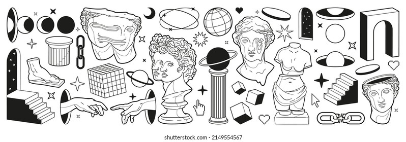 Abstract Greek Ancient Sculpture And Surreal Geometric Shapes. Vector Hand Drawn Outline Illustrations Of Modern Statues And Cosmic Space Elements In Trendy Psychedelic Weird Style. Sticker Pack.