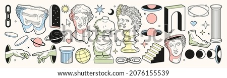 Abstract greek ancient sculpture and surreal elements. Vector hand drawn illustrations of modern statues and cosmic space elements in trendy psychedelic weird style. Sticker pack. Pastel colors. Stockfoto © 